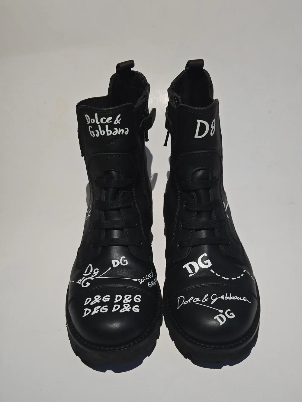 Dolce & Gabbana Kids Leather Graffiti Combat Boots EU 34 US 2.5Y 3Y Black